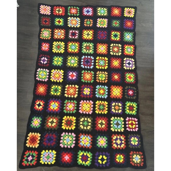 Black Granny Square Couch Sofa Afghan Blanket Throw Roseann 65”x 40” Bohemian - Picture 1 of 4